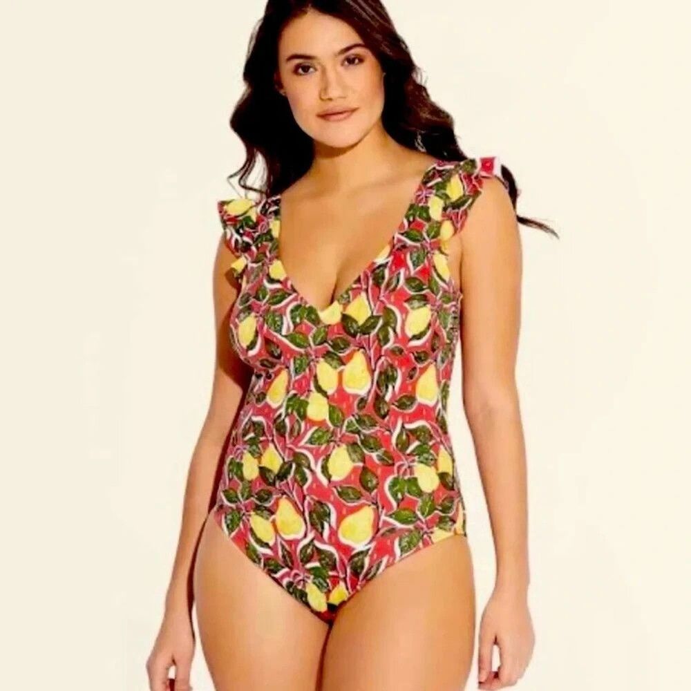 Euro Summer Miracle Brand Beach Betty Pear Swimsuit Ruffles L Amalfi Coquette Sh